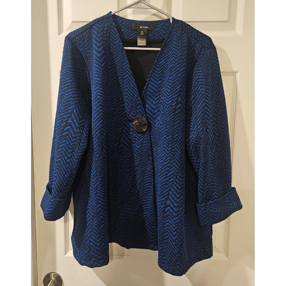 Ali Miles PXL Petite Textured Chevron Lagenlook Swing Blazer Jacket Blue Black